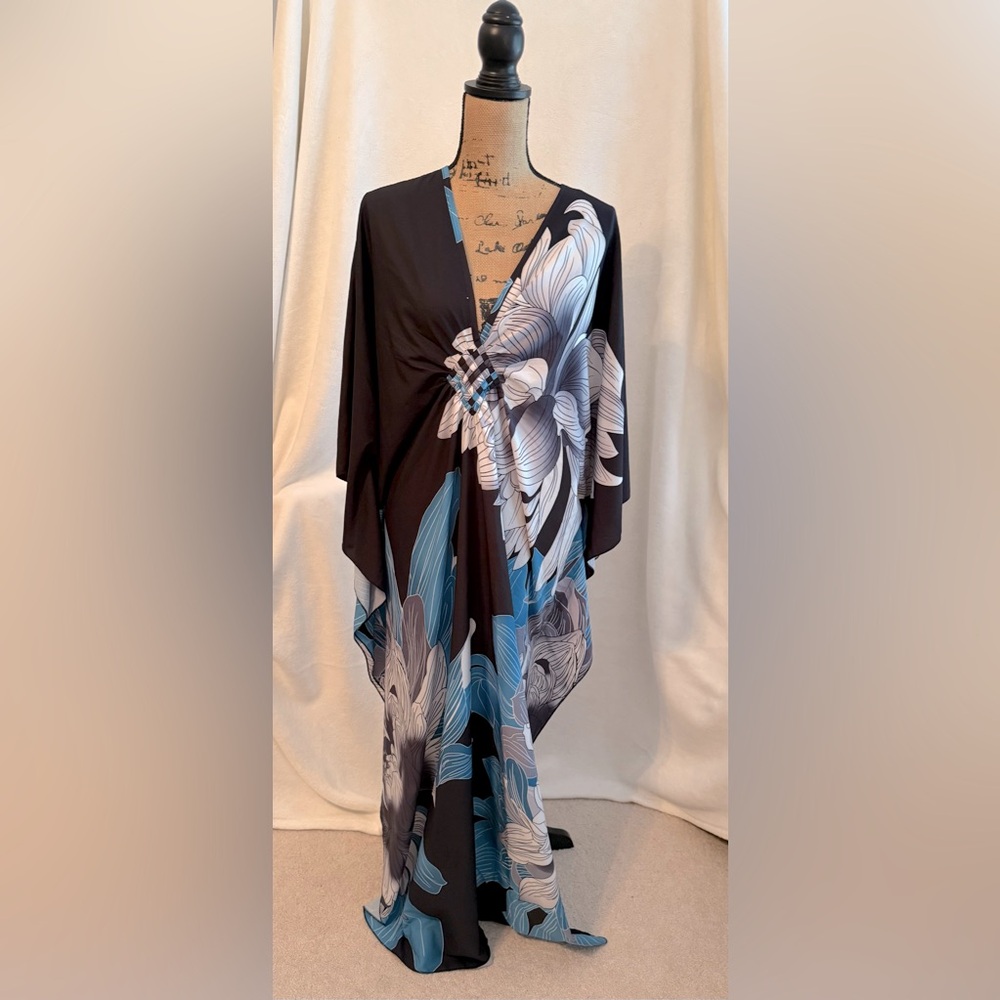 Black Kimono / Caftan with Blue & White Flowers